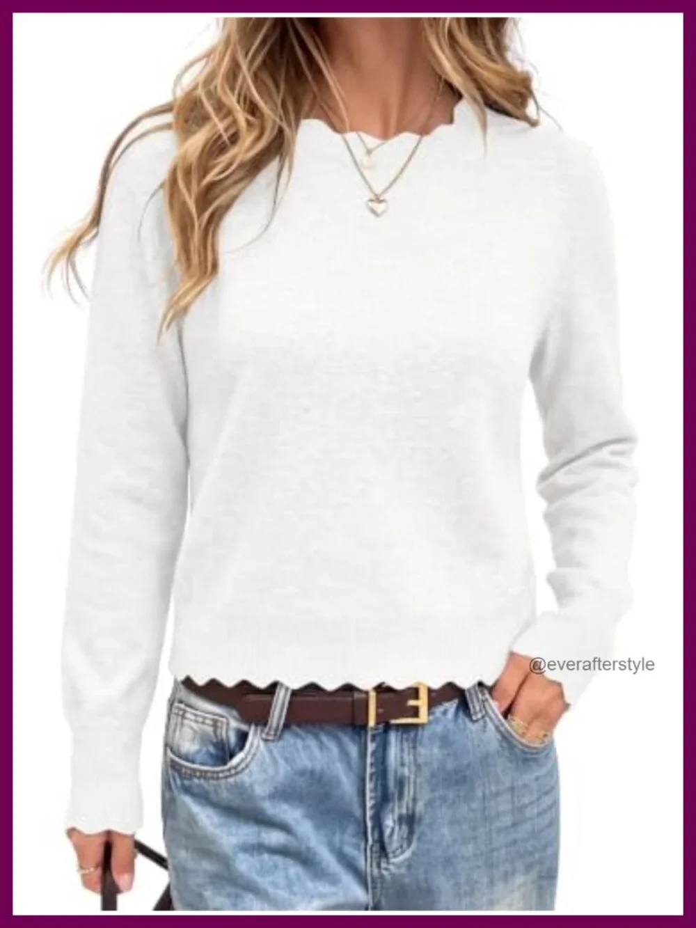Women's Ribbed Knit Pullover Sweater Lightweight Scallop Edge Long Sleeve